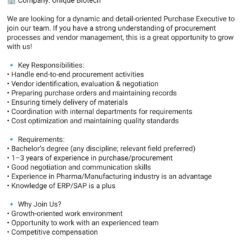 Purchase Executive – Unique Biotech (Genome Valley, Shameerpet) – 1–3 Yrs Exp – Pharma/Manufacturing – ERP/SAP Preferred