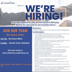 Warehouse Officer (Chemical Store Management) – Eurofins Advinus (Genome Valley, Hyderabad) – 1–2 Years Exp