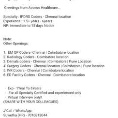 IPDRG, EM OP, Radiology, Denial, Surgery, IVR, ED Facility Coder – Access Healthcare (Chennai, Coimbatore, Pune) – 1–6 Yrs Exp – Virtual Interview
