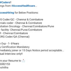 Medical Coder (SDS, Denials, Radiation Oncology, ED Facility, IVR, IPDRG) – Access Healthcare (Chennai, Coimbatore, Pune) – 1–6 Yrs Exp – Virtual Interview