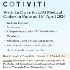 Walk-In Drive – E/M Medical Coder (CPC Mandatory) – Cotiviti Pune – April 16, 2026 – 1+ Year Exp – Night Shift, WFO
