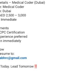 Medical Coder – Dubai (CPC Certified) – AED 2,500–3,000 – Immediate Joiner – Healthcare Job