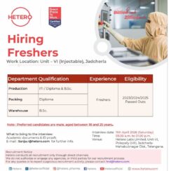 Walk-In – Freshers (Production, Packing, Warehouse) – Hetero Labs (Jadcherla) – April 11, 2026 – ITI/Diploma/B.Sc – 2023–2025 Passouts