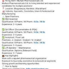 R&D Scientist, QA Officer, Analyst, Lift Operator – Multani Pharmaceuticals (Haridwar) – 3–7 Yrs Exp – B.Pharm / M.Sc / Diploma