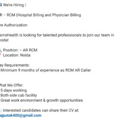 AR – RCM (Hospital & Physician Billing, Pre-Authorization) – CorroHealth Noida – 9+ Months Exp – 5 Days Work + Cab