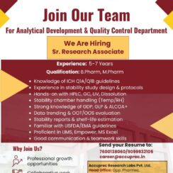Sr. Research Associate (Analytical Development & QC) – Accuprec Research (Ahmedabad) – 5–7 Yrs Exp – B.Pharm / M.Pharm – HPLC/GC/UV