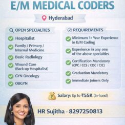 E/M Medical Coder (Hospitalist, Radiology, OBGYN, etc.) – Hyderabad – 1+ Yr Exp, CPC/CCS/COC/CIC – Up to ₹55K In-Hand