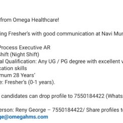 Process Executive AR (Fresher) – Omega Healthcare (Navi Mumbai – Airoli) – US Night Shift – Any Graduate – Excellent Communication