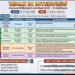Walk-In Interview – Concord Biotech (Valthera, Ahmedabad) – Production, QC (HPLC/GC), Engineering, QA – April 14, 2026