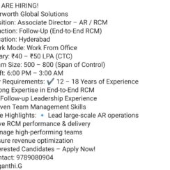 Associate Director – AR / RCM (End-to-End Follow-Up) – Starworth Global (Hyderabad) – 12–18 Yrs Exp – ₹40–50 LPA – WFO