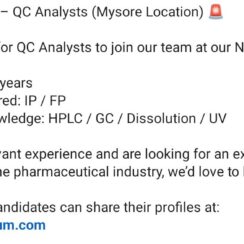QC Analyst (IP/FP, HPLC/GC/Dissolution/UV) – Vibonum (Mysore – Nanjangud) – 3–6 Years Exp