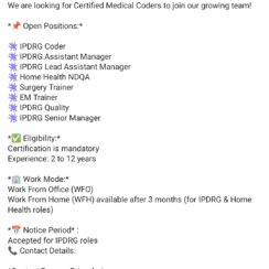 IPDRG Coder, QA, Trainer, Manager (Certified, 2–12 Yrs) – Tag India – WFO (WFH after 3 months) – Chennai/Bangalore/Hyderabad