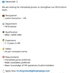 Junior Executive – HR (On-Roll) – Moonlight Auto (Sriperumbudur) – 1–3 Yrs Exp – MBA/MSW (HR) – Immediate Joiner