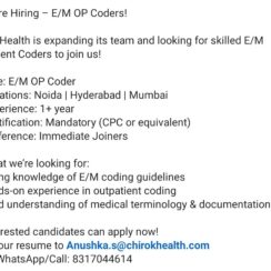 E/M OP Coder (1+ Year Exp, CPC Mandatory) – Chirok Health (Noida, Hyderabad, Mumbai) – Immediate Joiners