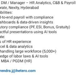 DM / Manager – HR Analytics, C&B & Payroll – Hetero Corporate (Hyderabad) – 12–18 Yrs Exp – MBA/PGDM (HR) – 5,000+ Workforce
