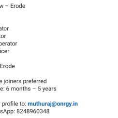ETP Operator, RO Operator, SCADA Operator, Safety Officer – Erode – 6 Months–5 Years Exp – Onrgy – Immediate Joiners