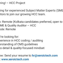 HCC SME & Quality Auditor (Remote, PAN India) – Xeroitech – CMS Guidelines, HCC Coding/Auditing – Kolkata Preferred