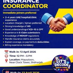 Insurance Coordinator (UAE Hospital/Clinic) – Sharjah/Ajman – 2–4 Yrs Exp – ICD-10/CPT, E-Claims, MOHAP – Walk-In April 13, 2026