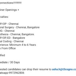 Medical Coding Trainer (EM-IP/OP, Surgery, IPDRG, Anesthesia, ED, Denial) – Chennai & Bangalore – 4–6 Yrs Exp – Certified – WFO