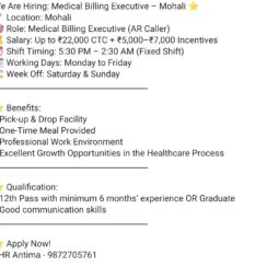 Medical Billing Executive (AR Caller) – Mohali – Up to ₹22K CTC + Incentives – Fixed Night Shift – Sat/Sun Off – Pickup/Drop