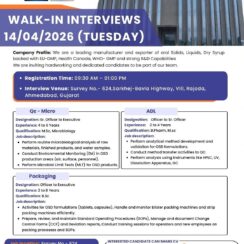 Walk-In Interview – QC Micro, ADL, Packaging – Biomatrix Healthcare (Ahmedabad) – 2–8 Yrs Exp – M.Sc, B.Pharm, B.Sc – April 14, 2026