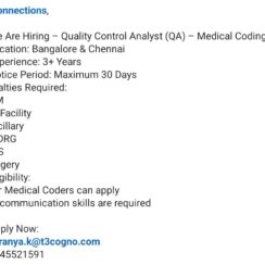 Quality Control Analyst (QA) – Medical Coding (E/M, ED, Ancillary, IPDRG, SDS, Surgery) – Bangalore & Chennai – 3+ Years Exp