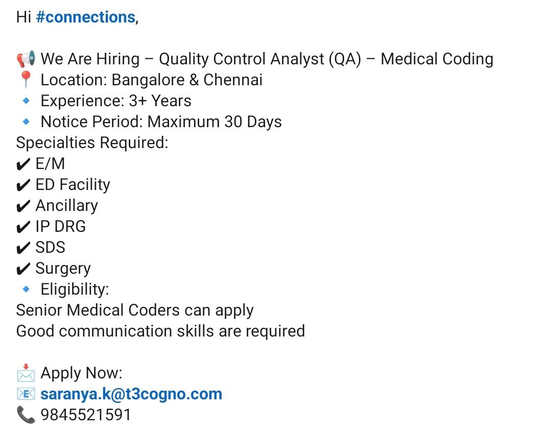 Quality Control Analyst (QA) – Medical Coding (E/M, ED, Ancillary ...