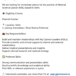 Medical Science Liaison (MSL) – Delhi – PharmD Fresher – Immediate Joiner – KOL Management, Clinical Support
