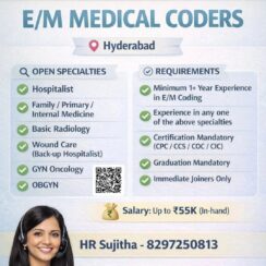 E/M Medical Coder (Hospitalist, Radiology, OBGYN, etc.) – Hyderabad – 1+ Year Exp, CPC/CCS/COC/CIC – Up to ₹55K In-Hand