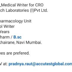Medical Writer / Protocol Writer (CRO) – Accutest Research (Navi Mumbai) – 2–4 Years Exp – B.Pharm / B.Sc – Immediate Joiner Medical Writer / Protocol Writer (CRO) – Accutest Research (Navi Mumbai) – 2–4 Years Exp – B.Pharm / B.Sc – Immediate Joiner