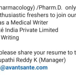 Junior Research Associate (Medical Writer) – Avant Santé India (Hyderabad) – M.Pharmacy (Pharmacology) / Pharm.D. Fresher Junior Research Associate (Medical Writer) – Avant Santé India (Hyderabad) – M.Pharmacy (Pharmacology) / Pharm.D. Fresher