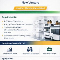 Sr. Research Associate (LC-MS/MS, Nitrosamine Risk Assessment) – Ahmedabad (Matoda) – 4–6 Years Exp – M.Sc / M.Pharm (Analytical Chemistry) Sr. Research Associate (LC-MS/MS, Nitrosamine Risk Assessment) – Ahmedabad (Matoda) – 4–6 Years Exp – M.Sc / M.Pharm (Analytical Chemistry)