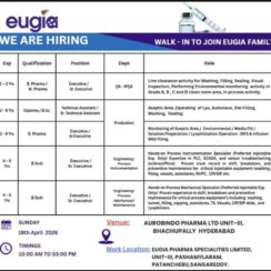 Walk-In – QA, Production, Engineering (Injectable) – Eugia Pharma (Hyderabad) – 1–9 Yrs Exp – April 19, 2026 Walk-In – QA, Production, Engineering (Injectable) – Eugia Pharma (Hyderabad) – 1–9 Yrs Exp – April 19, 2026