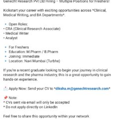 CRA, Medical Writer, Analyst (Freshers) – Genecth Research (Navi Mumbai – Turbhe) – M.Pharm / B.Pharm – Immediate Joiner CRA, Medical Writer, Analyst (Freshers) – Genecth Research (Navi Mumbai – Turbhe) – M.Pharm / B.Pharm – Immediate Joiner