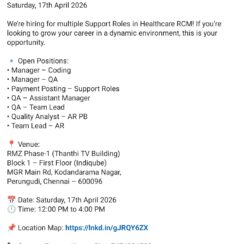 Mega Walk-In – Manager, QA, Team Lead, Payment Posting, AR – ACN Healthcare RCM (Chennai) – April 17, 2026 Mega Walk-In – Manager, QA, Team Lead, Payment Posting, AR – ACN Healthcare RCM (Chennai) – April 17, 2026