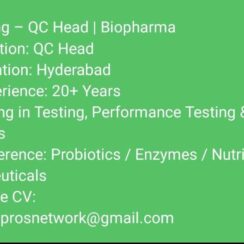 QC Head (Biopharma) – Hyderabad – 20+ Years Exp – Probiotics/Enzymes/Nutraceuticals – Testing & Wet Analysis QC Head (Biopharma) – Hyderabad – 20+ Years Exp – Probiotics/Enzymes/Nutraceuticals – Testing & Wet Analysis