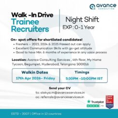 Walk-In Drive – Trainee Recruiter (Night Shift) – Avance Consulting (Hyderabad) – Freshers 2023–2025 – April 17, 2026 Walk-In Drive – Trainee Recruiter (Night Shift) – Avance Consulting (Hyderabad) – Freshers 2023–2025 – April 17, 2026