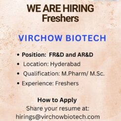 FR&D and AR&D (Freshers) – Virchow Biotech (Hyderabad) – M.Pharm / M.Sc – Apply Now FR&D and AR&D (Freshers) – Virchow Biotech (Hyderabad) – M.Pharm / M.Sc – Apply Now