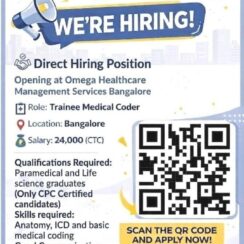 Trainee Medical Coder (CPC Certified) – Omega Healthcare (Bangalore) – Life Science/Paramedical – ₹24K CTC – Joining April 25 Trainee Medical Coder (CPC Certified) – Omega Healthcare (Bangalore) – Life Science/Paramedical – ₹24K CTC – Joining April 25