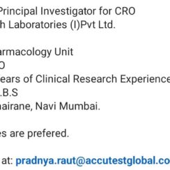 Principal Investigator / Clinical Investigator (MBBS) – Accutest Research (Navi Mumbai) – 3–7 Years Clinical Research Exp