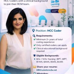 HCC Coder (2+ Years Exp, Certified) – Solutions3X RCM – Clinical Background (B.Sc Nursing, BPT, BHMS, BAMS, etc.)