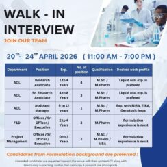 Walk-In Interview – ADL, F&D, Project Management – Gowrie Research (Vadodara) – 0–12 Yrs Exp – April 20-24, 2026 – M.Sc / M.Pharm