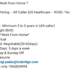 AR Caller (US Healthcare RCM – Acute Care) – Trubridge – Work From Home (Night Shift) – 3–5 Years Exp – Sat/Sun Off