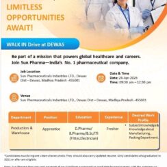 Apprentice (Production & Warehouse) – Sun Pharma (Dewas, MP) – Freshers – D.Pharm / B.Pharm / B.Sc / ITI – Walk-In April 24, 2026