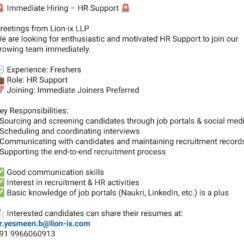 HR Support (Fresher) – Lion-ix LLP – Immediate Joiner – Recruitment Coordination & Sourcing