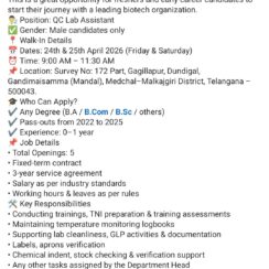 QC Lab Assistant (Fresher, Male) – Hyderabad (Gagillapur) – Any Degree (2022–2025 Passouts) – Walk-In April 24-25, 2026