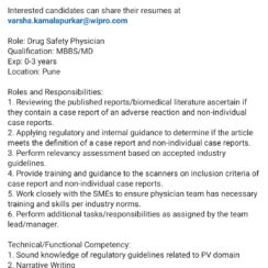 Drug Safety Physician (MBBS/MD) – Wipro (Pune) – 0–3 Years Exp – Pharmacovigilance, MedDRA Coding, Narrative Writing