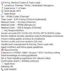 Medical Coder & Team Lead (IPDRG, E/M, Surgery, SDS, Ancillary) – Chennai, Trichy, Hyderabad, Bengaluru – 1–6 Years Exp – WFO