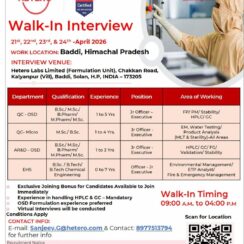 Walk-In – QC (OSD/Micro), AR&D, EHS – Hetero Labs (Baddi, HP) – 0–7 Years Exp – April 21-24, 2026 – HPLC/GC Experience Mandatory