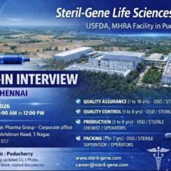 Walk-In – QA, QC, Production, Packing (OSD/Sterile) – Steril-Gene (Chennai) – 1–10 Years Exp – Work Location Puducherry – April 26, 2026